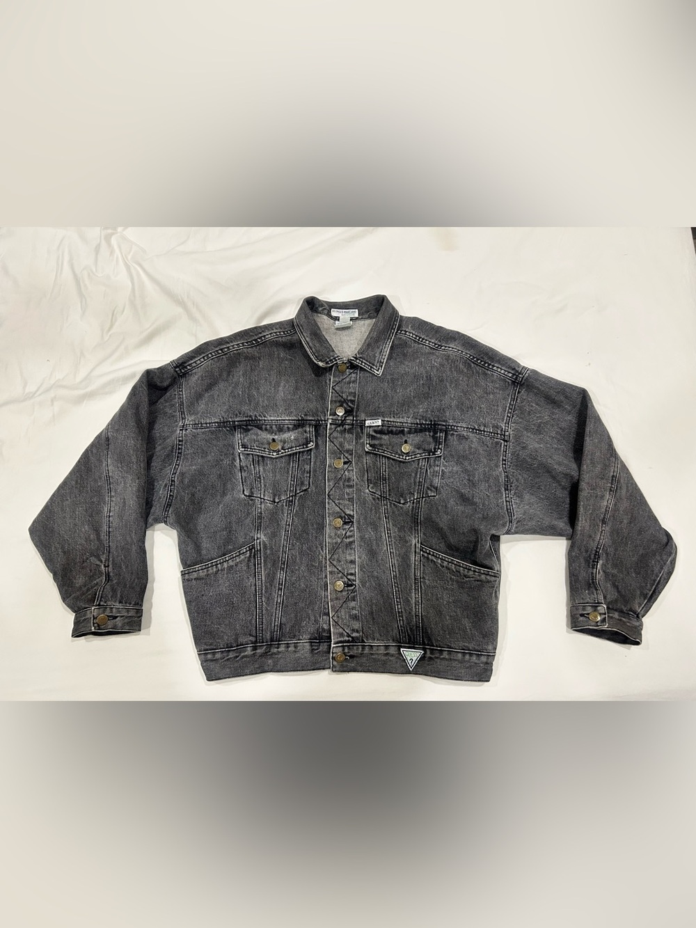 Vintage 80s GUESS Georges Marciano Black Denim Trucker Jacket Mens Size M USA